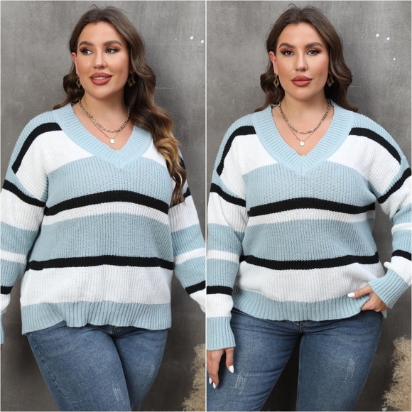 Bold Lines V-Neck Sweater - Pastel Blue - Picture 1 of 4